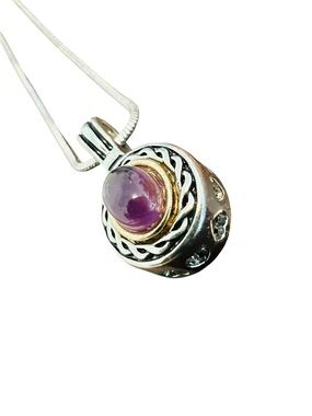 Vintage 925 Sterling Silver 14K Gold Amethyst Cabochon Pendant 18” Chain